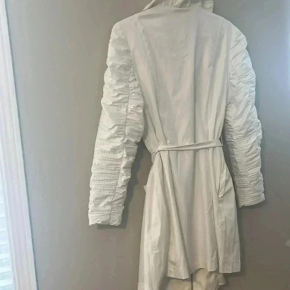 [M]Samuel Dong White Bubble Sleeves  Belted Dress Trench Coat - Picture 7 of 11